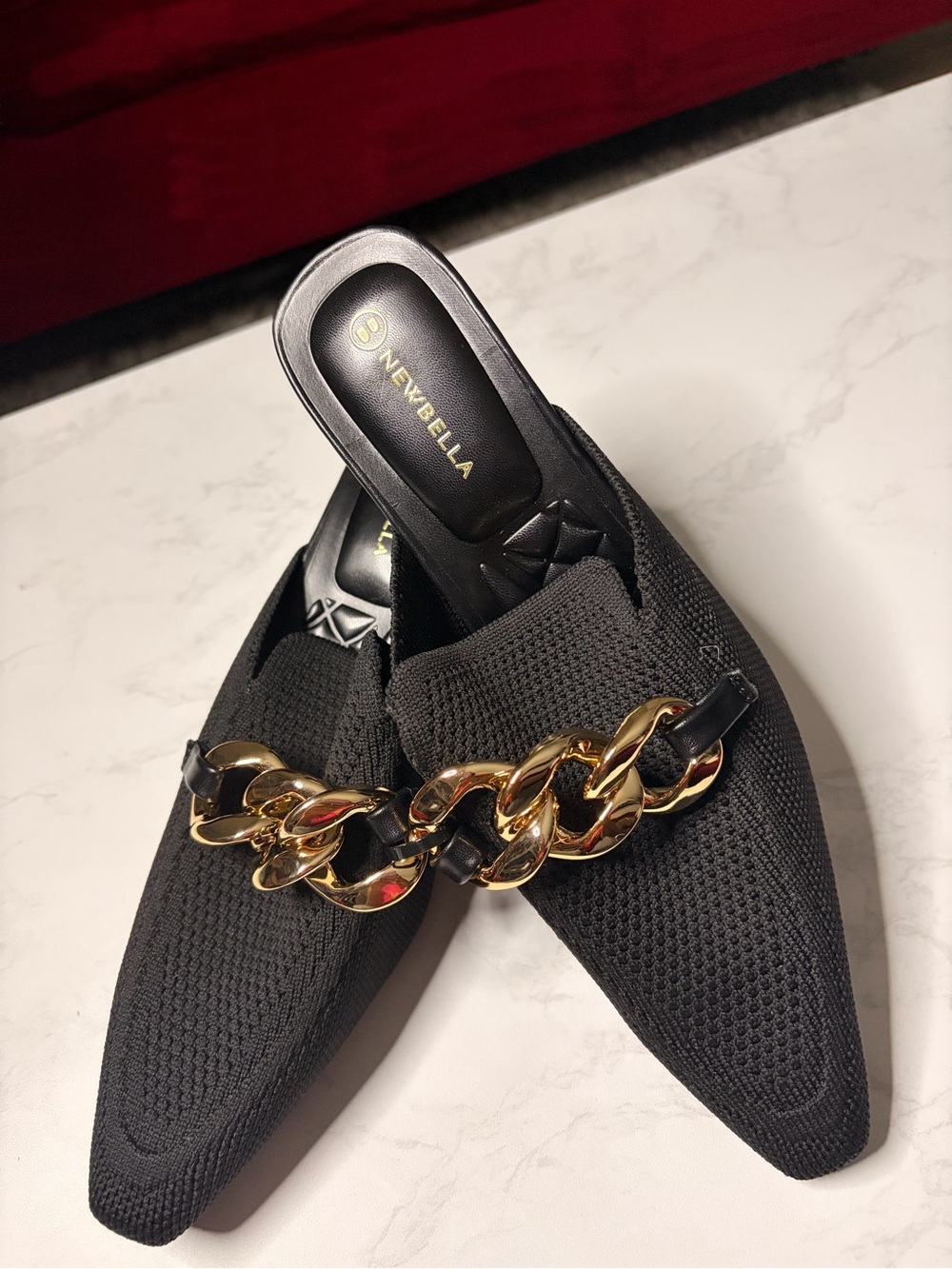 Newbella Black Knit Slip-On Mules with Gold Chain Accent - Picture 2 of 4